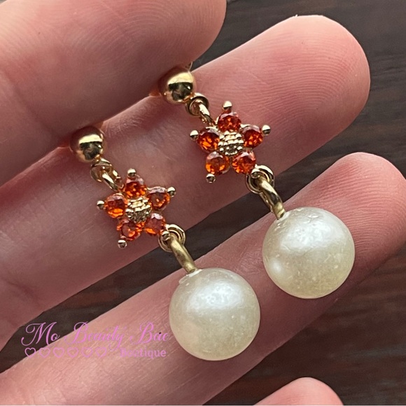 Orange Crystal Pearl Stud Earrings - Picture 1 of 5